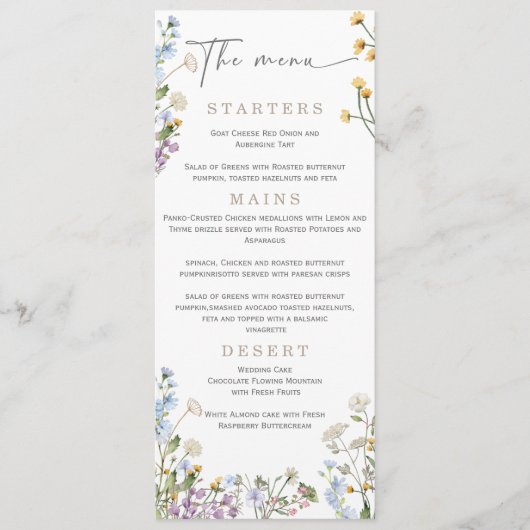 Elegante Wilflower Wedding Menu Menükarte (Vorderseite)