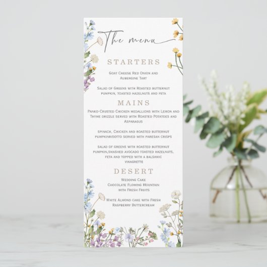 Elegante Wilflower Wedding Menu Menükarte (Stehend Vorderseite)