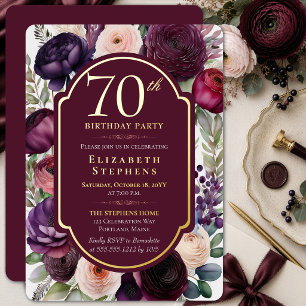 Elegante Wine Ranunculus 70. Geburtstag Gold Folieneinladung