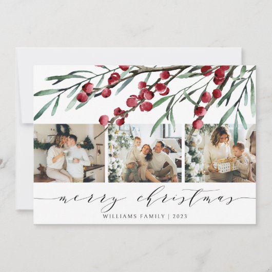 Elegante Winter Berry Script Weihnachten Drei Foto (Vorderseite)