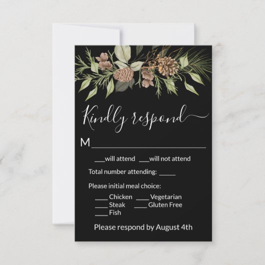 Elegante Winter Black Pine RSVP Card (Vorderseite)