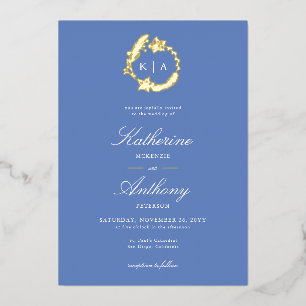 Elegante Winter-Blau-Gold-Krone-Monogramm-Hochzeit Folieneinladung