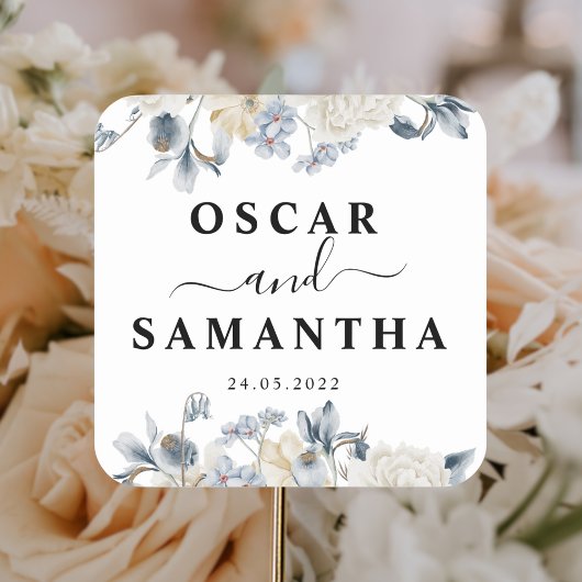 Elegante Winter Blau und Weiß Blume Quadratischer Aufkleber