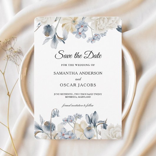 Elegante Winter Blau und Weiß Blume Save The Date