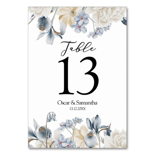 Elegante Winter Blau und Weiß Blume Tischnummer (Rückseite)