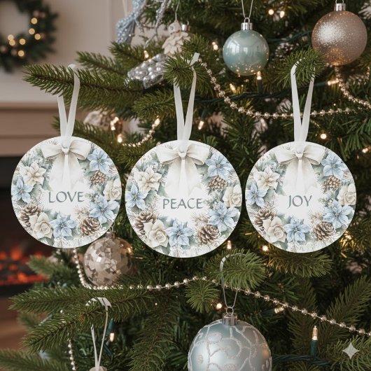 Elegante Winter Blue Floral Wreath PEACE Wasserfar Ornament