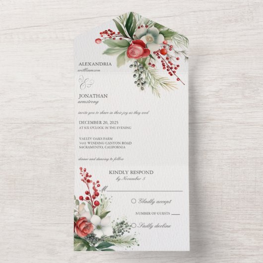 Elegante Winter-Blume, Berries & Pine All In One Einladung (Innen Boden)