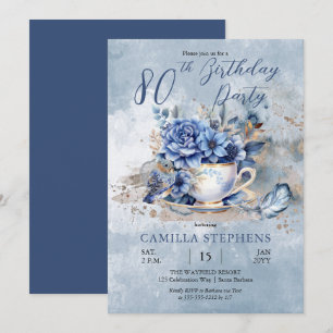 Elegante Winter-Blumen-Teetasse 80. Geburtstagsfei Einladung