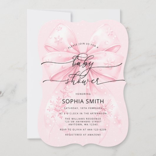 Elegante Winter Blush Pink Bow Girl Baby Dusche Einladung (Vorderseite)