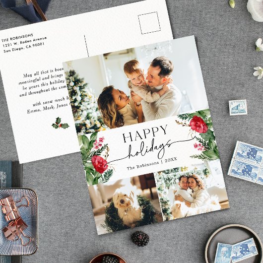 Elegante Winter Botanical 3 Foto Holiday Postkarte