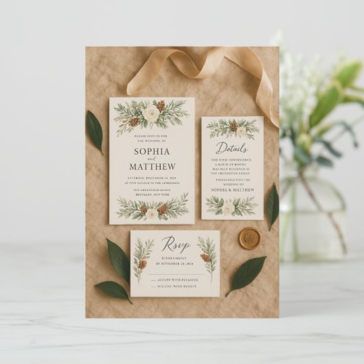 Elegante Winter Botanical Wedding Invitation Suite Einladung (Stehend Vorderseite)