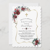 Elegante Winter Burgund Blume Kiefertaufen Einladung (Vorderseite)