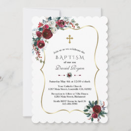 Elegante Winter Burgund Blume Kiefertaufen Einladung