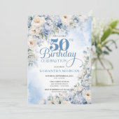 Elegante Winter Dusty Blue und Elfenbeinküste Blum Einladung (Stehend Vorderseite)