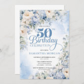 Elegante Winter Dusty Blue und Elfenbeinküste Blum Einladung (Vorne/Hinten)