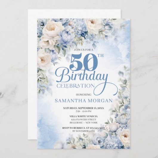 Elegante Winter Dusty Blue und Elfenbeinküste Blum Einladung (Vorne/Hinten)