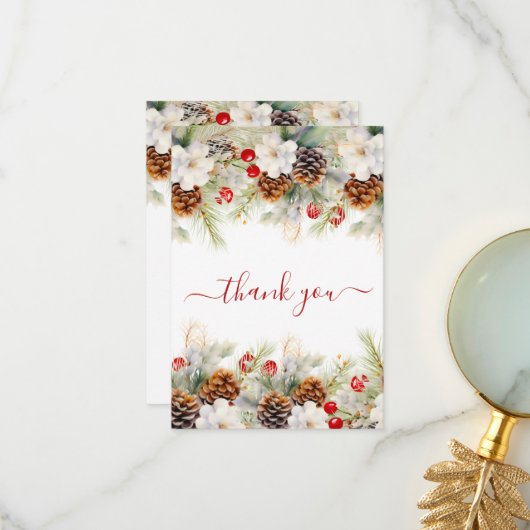 Elegante Winter Evergreen Baby Dusche Wasserfarbe Dankeskarte (Vorderseite/Rückseite Beispiel)