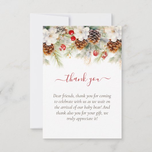 Elegante Winter Evergreen Baby Dusche Wasserfarbe Dankeskarte (Rückseite)