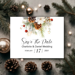Elegante Winter Evergreen und Rowan Berries Weddin Save The Date
