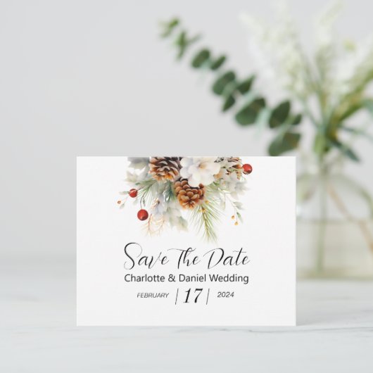 Elegante Winter Evergreen und Rowan Berries Weddin Save The Date (Stehend Vorderseite)