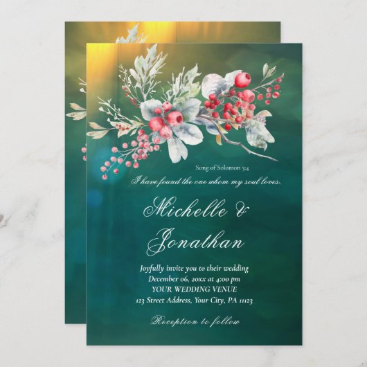 Elegante Winter Floral auf grüner Christlicher Hoc Einladung (Vorne/Hinten)