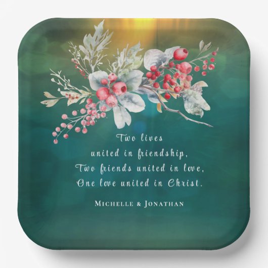 Elegante Winter Floral auf grüner Christlicher Hoc Pappteller (Vorderseite)