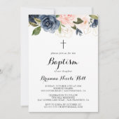 Elegante Winter Floral Cross Taufe Einladung (Vorderseite)