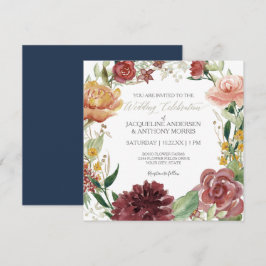 Elegante Winter Floral Wedding Navy Red Blush Rose Einladung