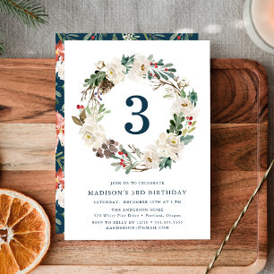 Elegante Winter Floral Wreath Navy Geburtstagspart Einladung