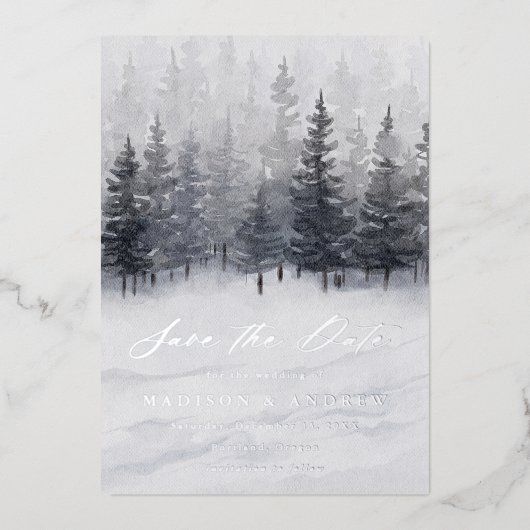 Elegante Winter Forest Foil Save the Date Karte (Vorderseite)