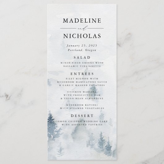 Elegante Winter Forest Wedding Menu Card Menükarte (Vorderseite)