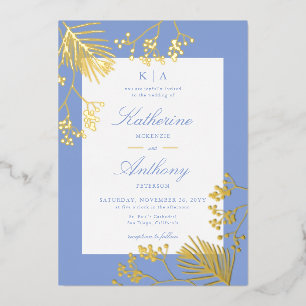 Elegante Winter-Gold-Botanik-Monogramm-Hochzeit Folieneinladung