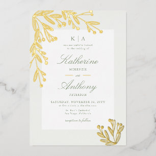 Elegante Winter Gold Mistletoe Monogramme Hochzeit Folieneinladung