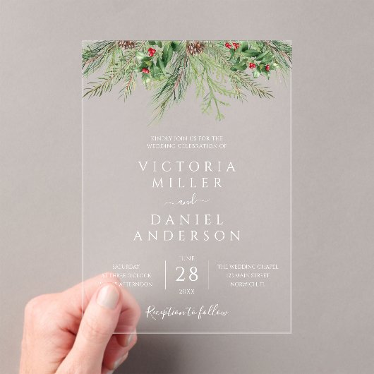Elegante Winter Greenery Botanische Foliage Hochze Acryleinladungen (Insitu (Handheld))