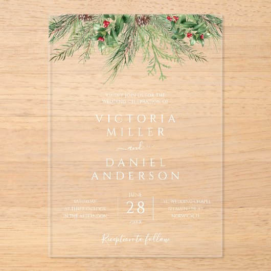 Elegante Winter Greenery Botanische Foliage Hochze Acryleinladungen (Vorderseite)