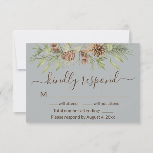 Elegante Winter Grey Pine Wedding RSVP Card Dankeskarte (Vorderseite)