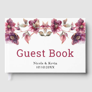 Elegante Winter-Hellebore-Blumen-Burgunder-Hochzei Gästebuch