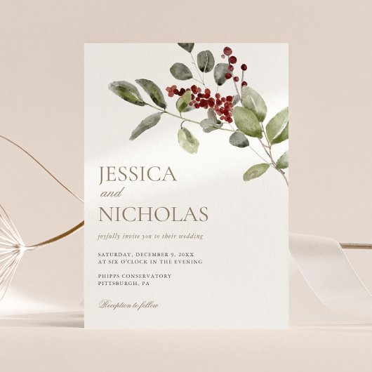 Elegante Winter Holly Branch Wedding Einladung