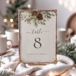 Elegante Winter-Kieferngrün Botanische Hochzeit Tischnummer