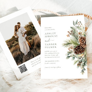 Elegante Winter-Kieferngrün QR-Code-Foto-Hochzeit Einladung