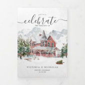 Elegante Winter Mountain Ski Chalet Hochzeit Dreifach Gefaltete Einladung (Cover)