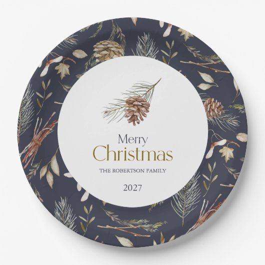 Elegante Winter Paper Teller mit Pinecones (Vorderseite)
