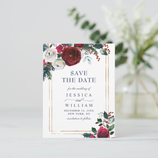 Elegante Winter Rose Foliage Wedding Save the Date Ankündigungspostkarte (Stehend Vorderseite)