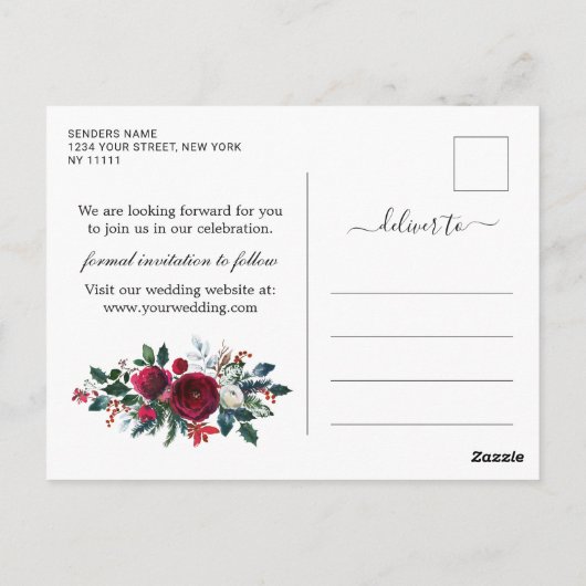 Elegante Winter Rose Foliage Wedding Save the Date Postkarte (Rückseite)