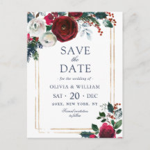 Elegante Winter Rose Foliage Wedding Save the Date