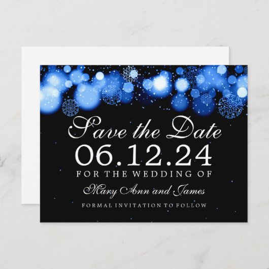 Elegante Winter Save the Date Blue Lights Ankündigungspostkarte (Vorne/Hinten)