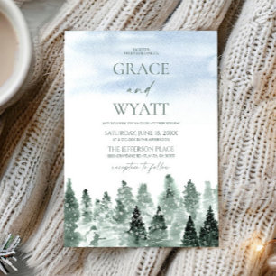 Elegante Winter-Schnee-Grüne-Tannen-Hochzeit Einladung