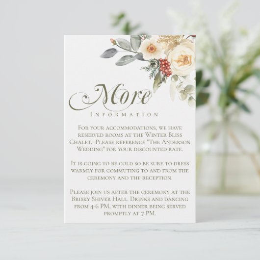 Elegante Winter Script Calligraphy Floral Wedding Begleitkarte (Stehend Vorderseite)