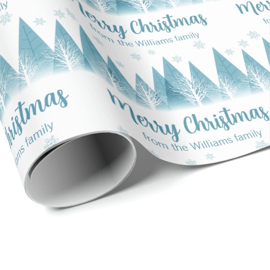 Elegante Winter Trees Custom Blue Frohe Weihnachte Geschenkpapier (Rolleneckpunkt)