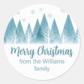 Elegante Winter Trees Custom Blue Frohe Weihnachte Runder Aufkleber (Vorderseite)